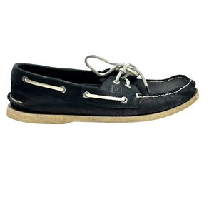 SPERRY TOP-SIDER A/O 2-EYE BLACK LEATHER WITH WHITE LACES AND SOLE BOAT SHOES